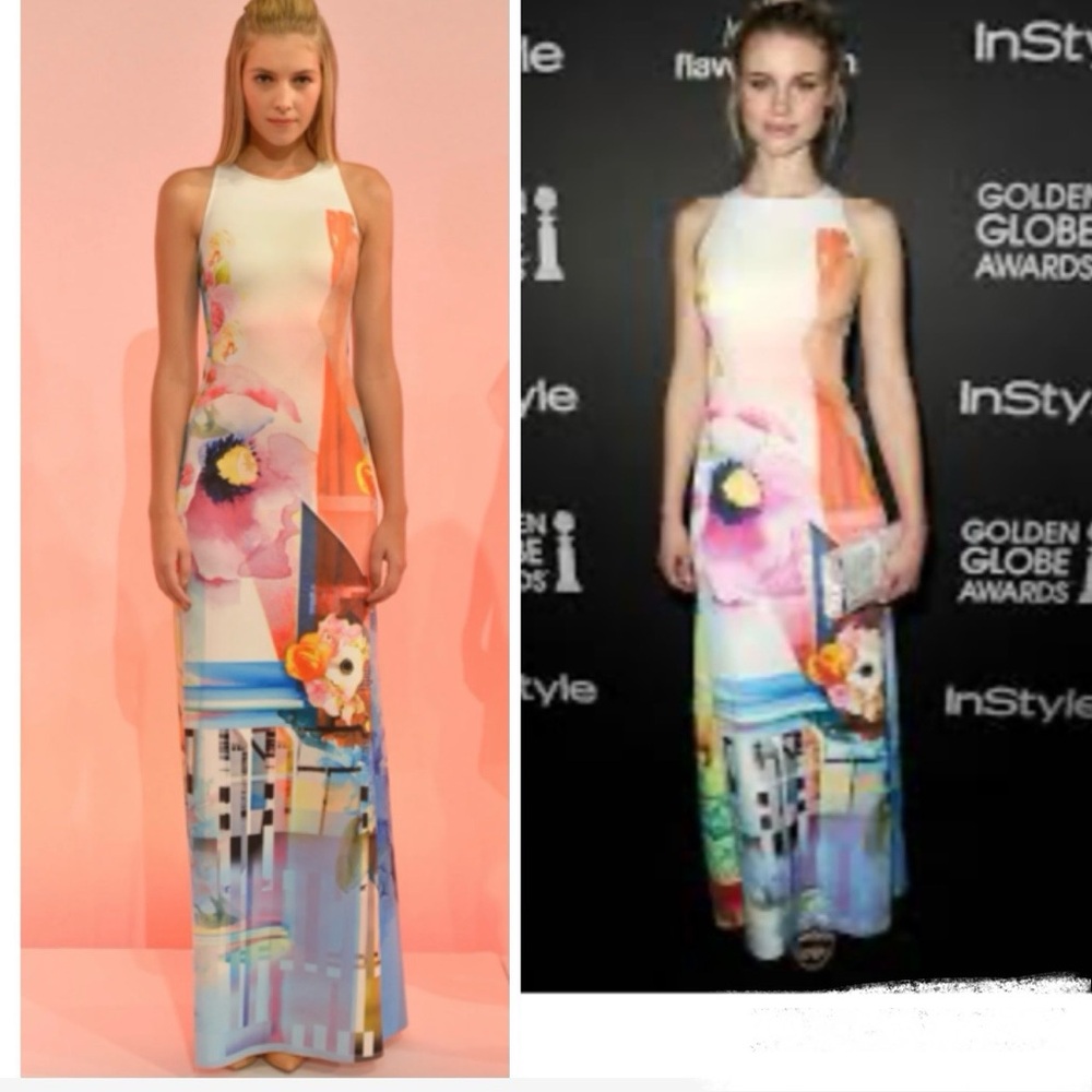 Clover Canyon Maxi Dress Florescent Rose Floral Abstract Neoprene Scuba Runway